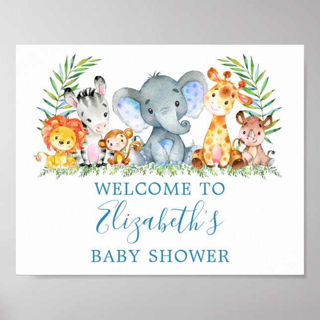 Vattenfärg Safari Animals Baby Shower Blue Poster (Framsidan)