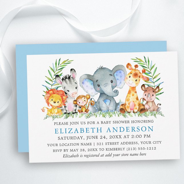 Vattenfärg Safari Animals Baby Shower Light Blue Inbjudningar (Customize to change text color, size, text style or change color of back of card.)