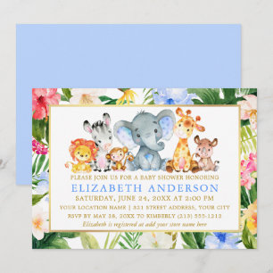 Vattenfärg Safari Animals Baby Shower Tropical Inbjudningar