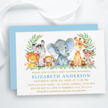 Vattenfärg Safari Animals Blue Guld Baby Shower