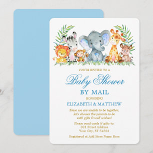 Vattenfärg Safari Animals Blue Guld Shower by Mail Inbjudningar