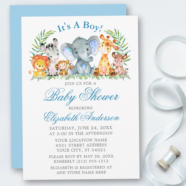 Vattenfärg Safari Animals Blue Script Baby Shower Inbjudningar (Customize to change text color, size, style or to change color of back of card.)