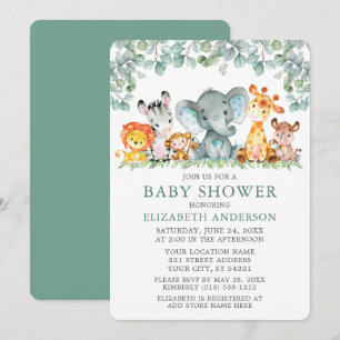 Vattenfärg Safari Animals Eucalyptus Baby Shower Inbjudningar