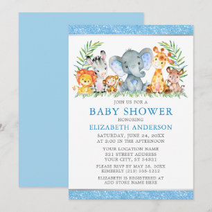 Vattenfärg Safari Animals Shower Blue Glitter Inbjudningar