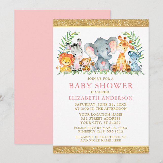 Vattenfärg Safari Animals Shower Rosa Guld Glitter Inbjudningar (Fram/baksida)