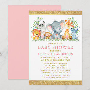 Vattenfärg Safari Animals Shower Rosa Guld Glitter Inbjudningar