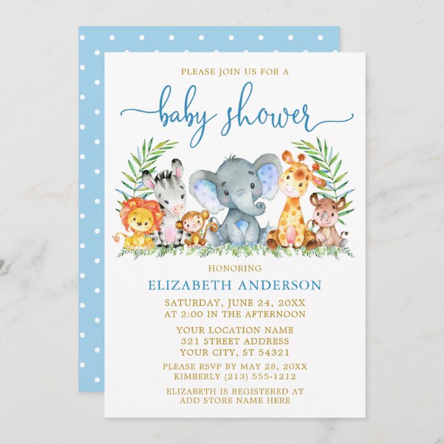 Vattenfärg Safari Animals Visa blått skript Guld Inbjudningar (Fram/baksida)