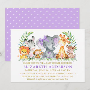 Vattenfärg Safari Animals visar Violet Bow Dots Inbjudningar