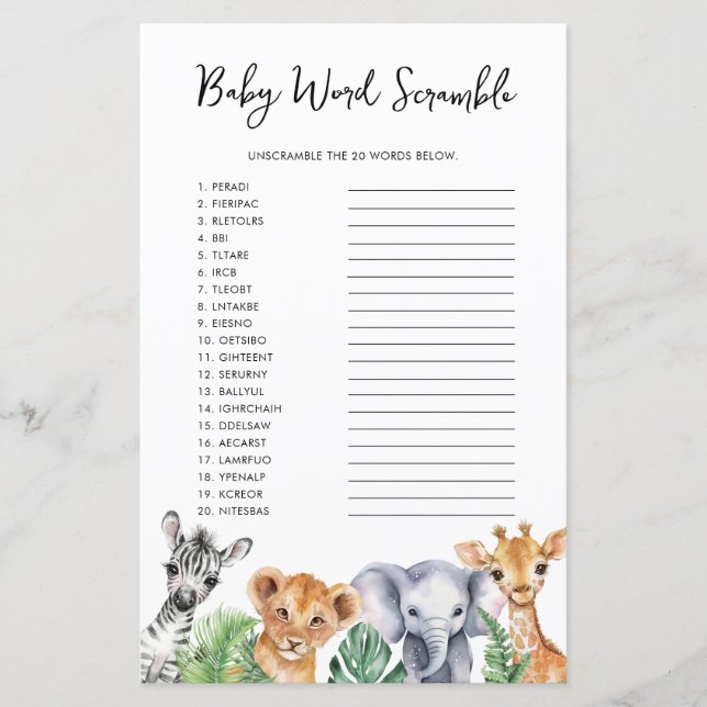 Vattenfärg Safari Baby Shower Baby Ord Scramble (Framsida)