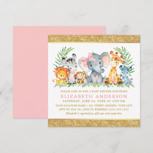 Vattenfärg Safari Djur Baby Shower Rosa Båge Fyrka Inbjudningar