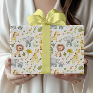 Vattenfärg Safari Djur Babyfirande Presentpapper