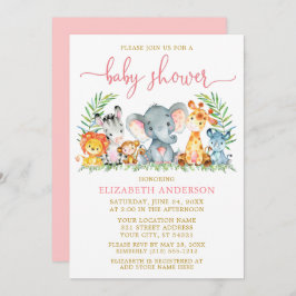 Vattenfärg Safari Djur Rosa Skrift Dusch Guld Inbjudningar