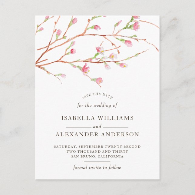 Vattenfärg Sakura | Körsbärsblom Save The Date Meddelande Vykort (Framsida)