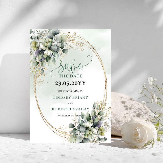 Vattenfärg Salvia Grön Lövverk Spara Datum Datumet (Watercolor Sage Green Foliage Save The Date)