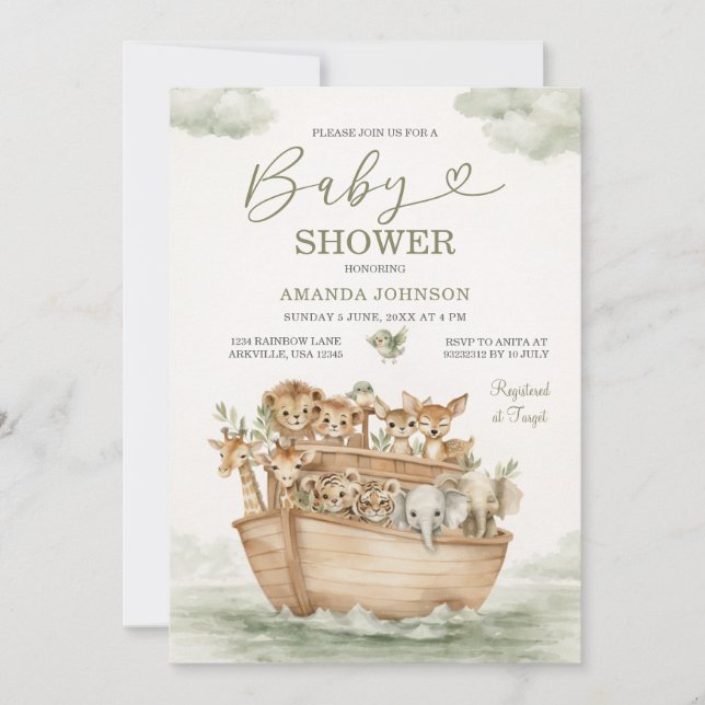 Vattenfärg Salvia Grön Söt Noas Ark Babyshower Inbjudningar (Framsida)