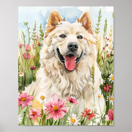 Vattenfärg Samoyed Porträtt med Rosa Flowers Poster