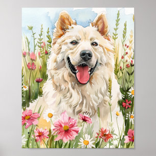 Vattenfärg Samoyed Porträtt med Rosa Flowers Poster