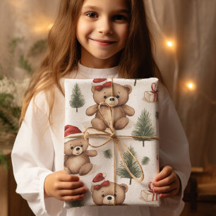 Vattenfärg Santa Nalle & Gräs Träd jul Presentpapper