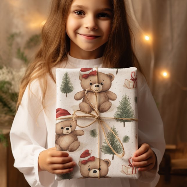 Vattenfärg Santa Nalle & Gräs Träd jul Presentpapper (Skapare uppladdad)