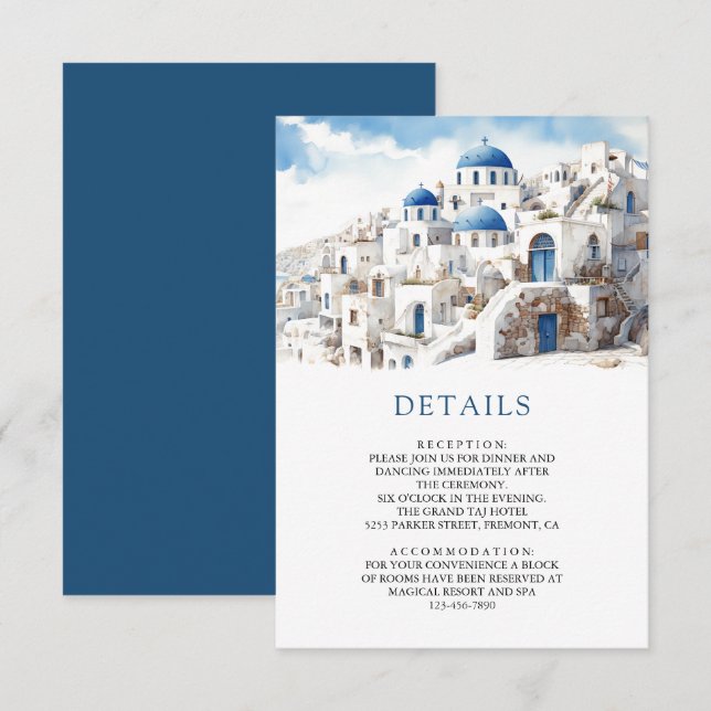 Vattenfärg Santorini Grekland Bröllopsdetaljer Tilläggskort (Fram/baksida)