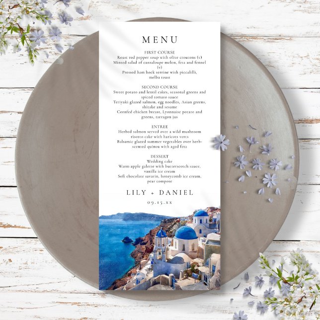 Vattenfärg Santorini Grekland Destination Bröllop Meny (Watercolor Santorini Greece Destination Wedding Menu)