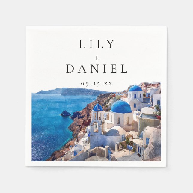Vattenfärg Santorini Grekland Destination Bröllop Pappersservett (Framsidan)