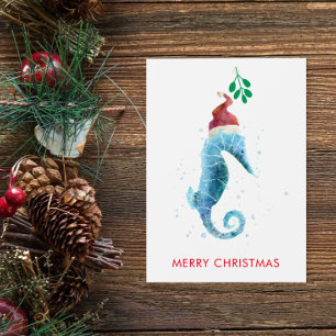Vattenfärg Seahorse Mistletoe Nautical Named Julkort