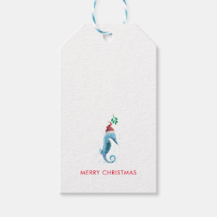 Vattenfärg Seahorse Mistletoe Nautical Named Presentetikett