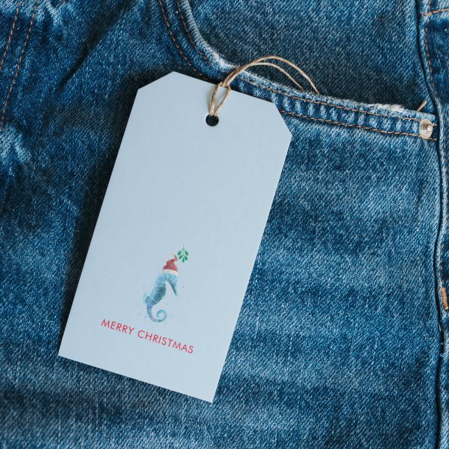 Vattenfärg Seahorse Mistletoe Nautical Named Presentetikett (Watercolor Seahorse Christmas gift tag)
