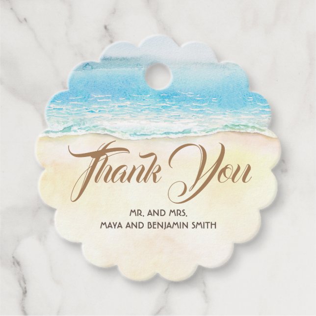 Vattenfärg Seaside Bröllop Tack Gåvor Etiketter (Framsida)