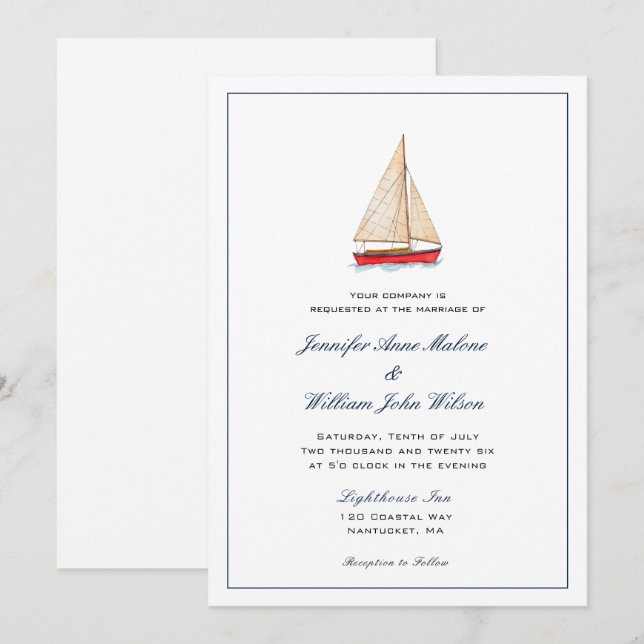 Vattenfärg Segelbåt Sjöhochzeitsinladning Meddelande (Fram/baksida)