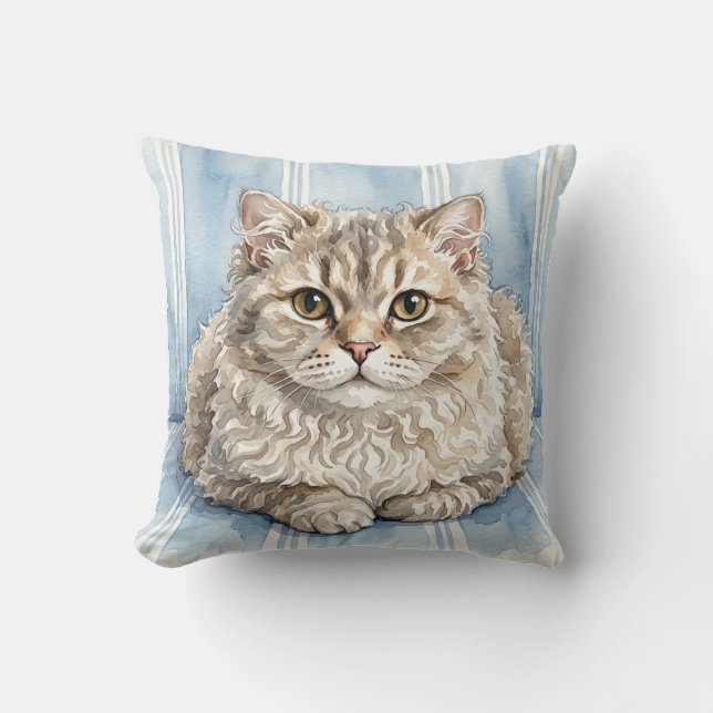 Vattenfärg Selkirk Rex Katt Kuddöverdrag Kudde (Framsida)