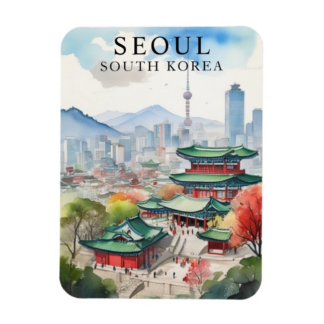 Vattenfärg Seoul Sydkorea Travel Art Magnet (Vertikal)