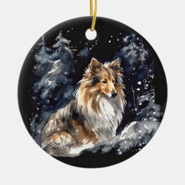 Vattenfärg Sheltie jul Julgransprydnad Keramik (Framsidan)