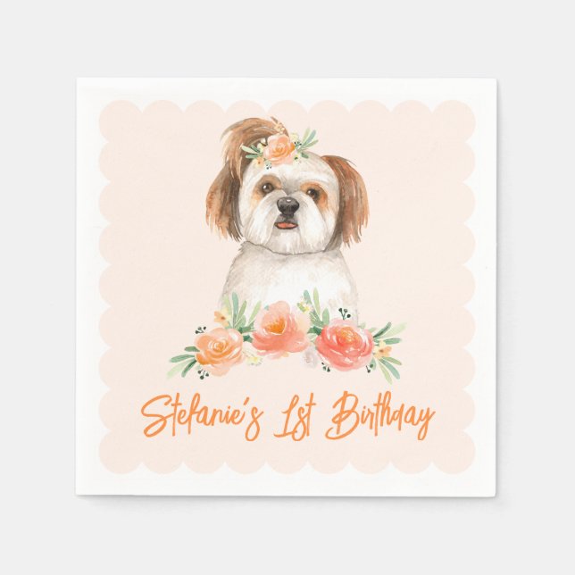 Vattenfärg Shih Tzu och persikoblommmar Hund Födel Pappersservett (Framsidan)