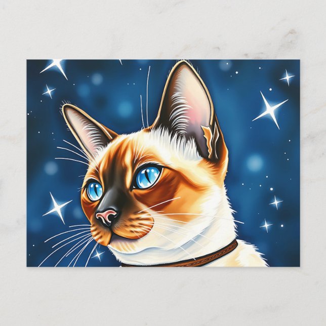 Vattenfärg Siamese Cat Utforska en Starlit Natt Vykort (Framsida)