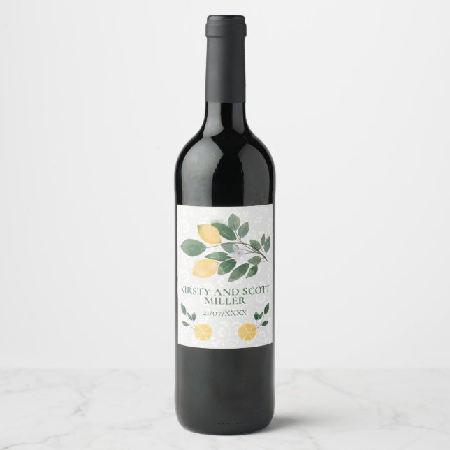 Vattenfärg Sicilianska Citroner Bröllop Vinflaska Etikett (Framsida)