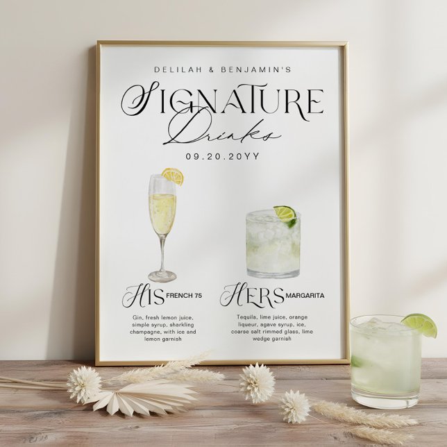 Vattenfärg Signaturdryck Bröllopsbarskylt Poster (Watercolor Signature Drink Wedding Bar Sign)