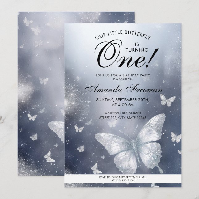 Vattenfärg Silver Glitter Butterfly 1:a födelsedag Inbjudningar (Fram/baksida)
