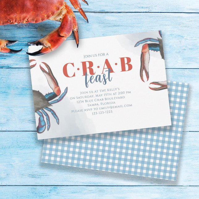 Vattenfärg Simple Blue Crab Feast Gingham Party Inbjudningar (Skapare uppladdad)