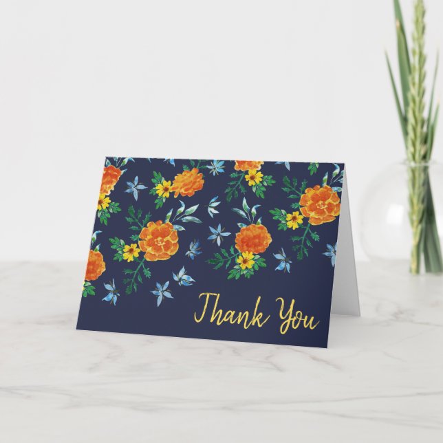Vattenfärg Simple Marigold Flowers Midnight Blue Tack Kort (Framsida)