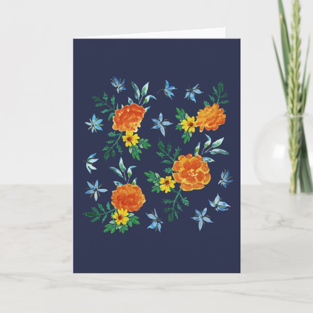 Vattenfärg Simple Marigold Flowers Midnight Blue Tack Kort (Framsida)