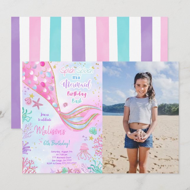 Vattenfärg Siren Födelsedagsfoto Inbjudan (Fram/baksida)