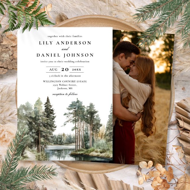 Vattenfärg sjö skog landskap Foto Bröllop Inbjudningar (Watercolor Lake Forest Woodland Photo Wedding Invitation)