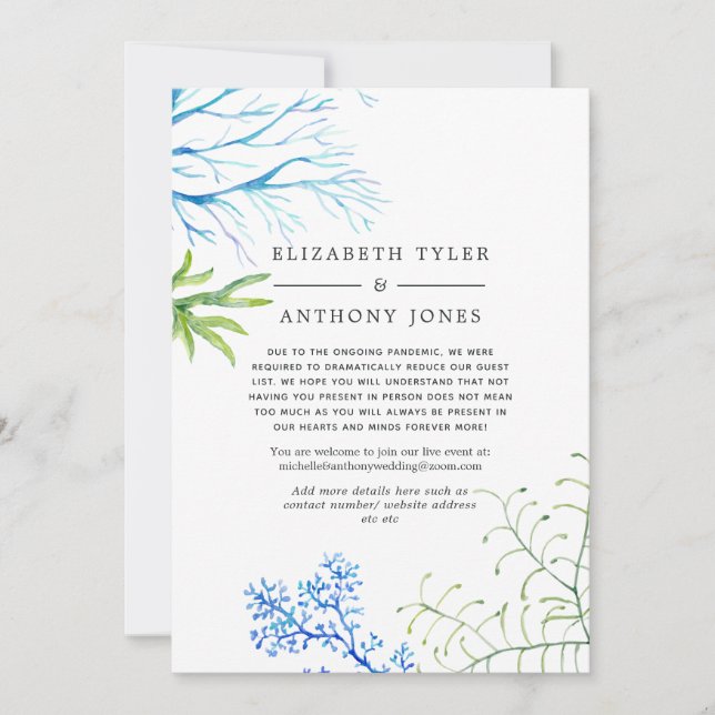 Vattenfärg sjögräs bröllop reducerad gästlista meddelande (Framsida)