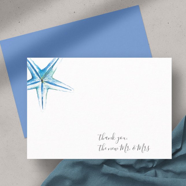Vattenfärg Sjöstjärna Tack Brevpapper Notkort Anteckningskort (thank you cards starfish blue watercolor art by Victoria Grigaliunas)
