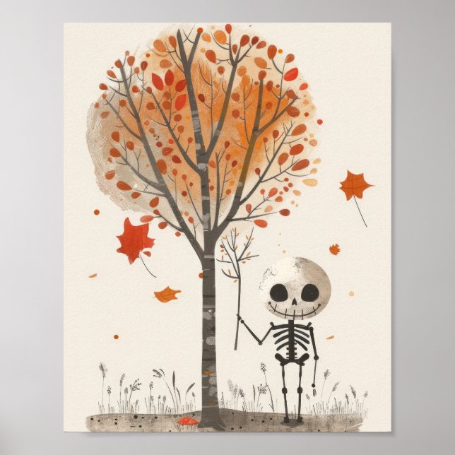 Vattenfärg Skeleton Höst löv Cute Halloween Poster (Framsidan)