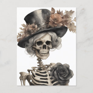 Vattenfärg Skeleton i en Finare-hatt med blommor Vykort
