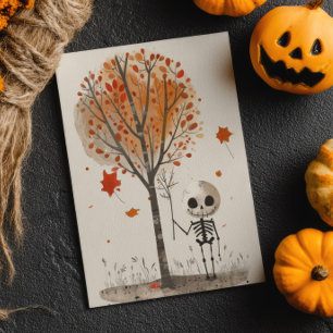 Vattenfärg Skeleton med Fall Träd Cute Halloween Vykort