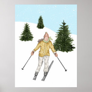 Vattenfärg Skidåkare Och Backar Med Granar Vinter Poster